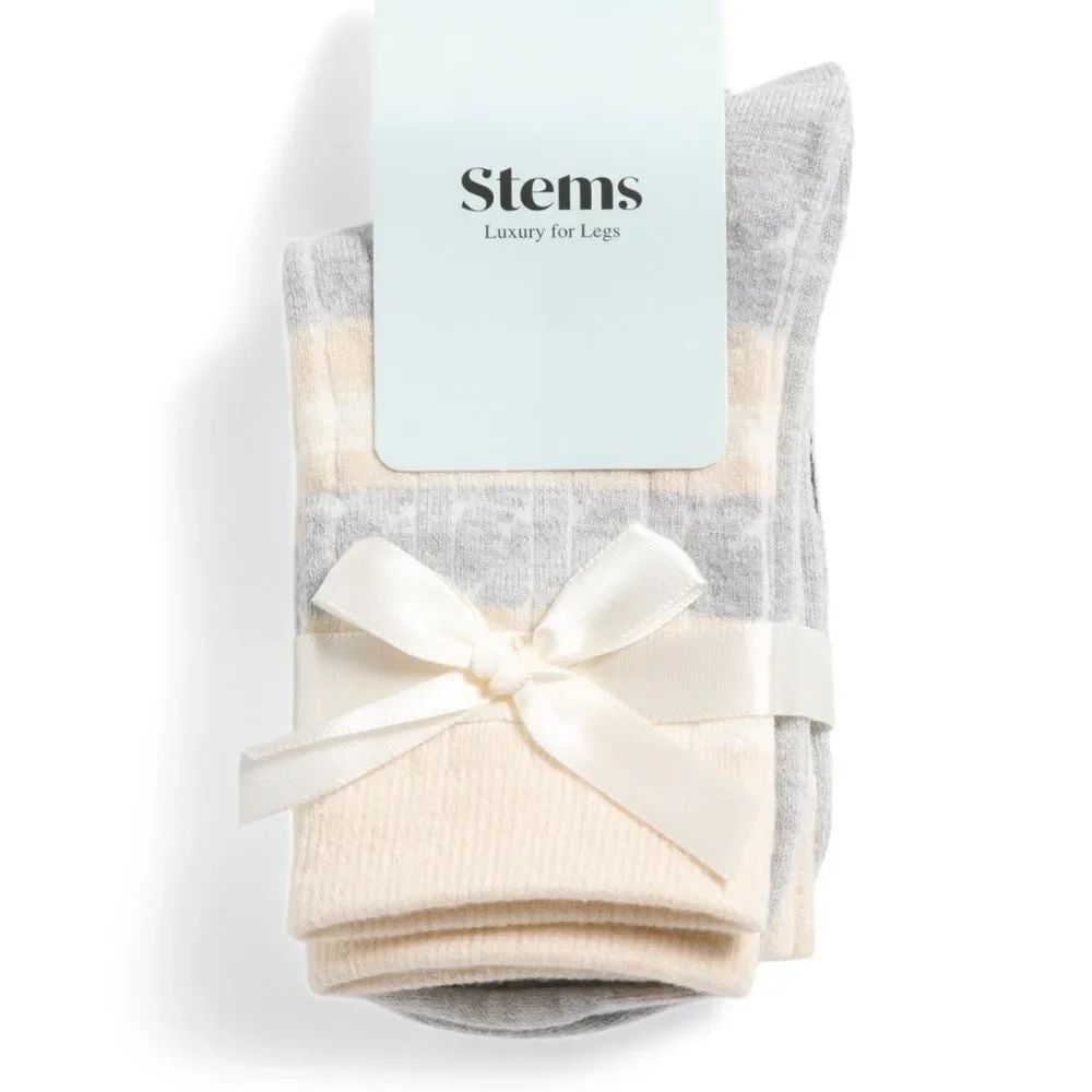 Stems 2 pk Grey Ivory Varsity Stripe Cashmere Cotton Blend Stretch Knit Socks